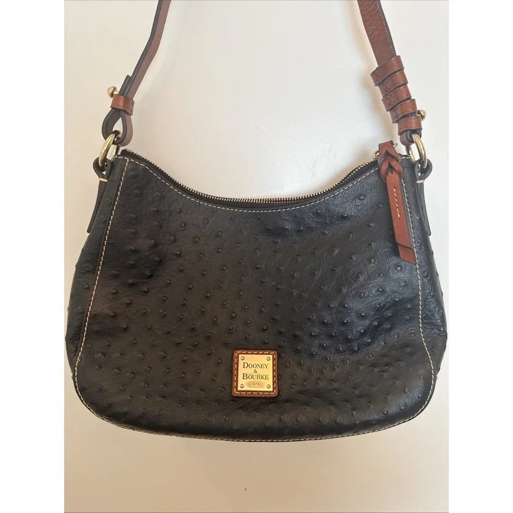 Dooney & Bourke Black Ostrich Embossed Leather Hobo Shoulder Bag Red Lining